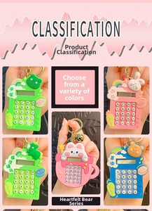 Close-up of mini cartoon calculators in frog, rabbit and bear shapes with keychains