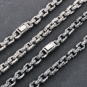 Vintage oxidized titanium steel square chain necklace with hammered texture for men
