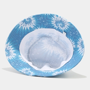 Rainbow tie-dye cotton bucket hat featuring blue white patterns and soft cotton lining