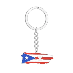 Macro detail of Puerto Rico map pendant keychain with national flag enamel drip oil finish