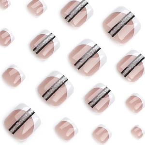 French style short press-on toenails with black stripes and silver glitter accents
