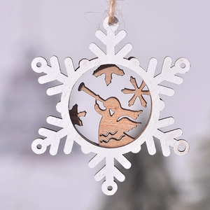 3D wooden Christmas snowflake ornament with carved angel and jute string for tree decoration