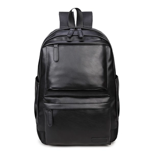 Classic black PU leather men's backpack with multiple zippered compartments on white background