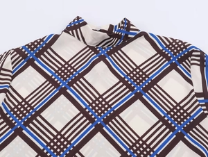 Detailed view of the mock neck and shoulder on a plaid long sleeve chiffon blouse