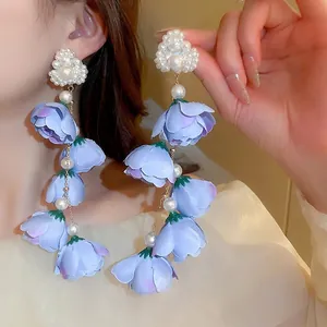 Elegant long fringe floral earrings with purple gradient petals and white pearls
