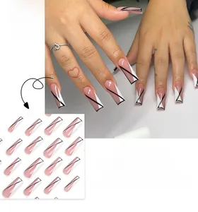 Detailed view of medium long square press-on nails with pink geometric lines and patterns