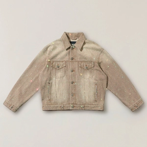 Front view of khaki rhinestone denim jacket with luxury sparkling crystal embellishments