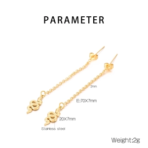 Detailed specs of gold snake-shaped long drop earrings in stainless steel with 70mm length
