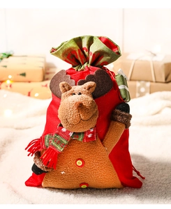 Detail of Christmas reindeer drawstring gift bag with plush 3D doll and festive red fabric