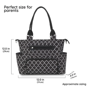 Detailed size chart of the black patterned diaper bag with dimensions in cm and inches