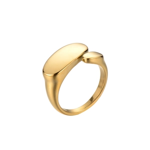Minimalist 18k gold plated stainless steel irregular oval open ring on white background