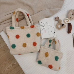 Matching set of large and small polka dot fuzzy tote bags in cream white faux fur