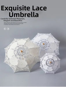 Three sizes of white lace umbrellas with intricate floral patterns and wooden tops