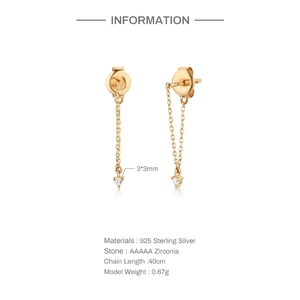 Detail of S925 sterling silver tassel chain earring with 3mm AAAAA zircon stone