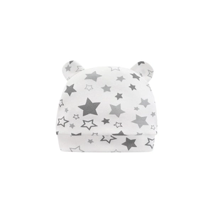 Newborn cotton baby beanie with grey star print and cute ears on white background