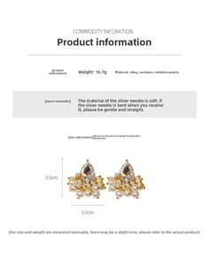 Detail view of cluster stud earrings with teardrop crystal and white pearls, 3.5cm size