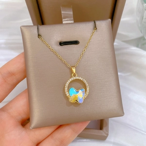 Elegant gold titanium steel necklace with colorful opal butterfly and zircon pendant