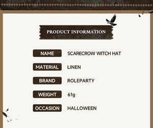 Detailed specs for linen scarecrow witch hat showing 61g weight and halloween theme