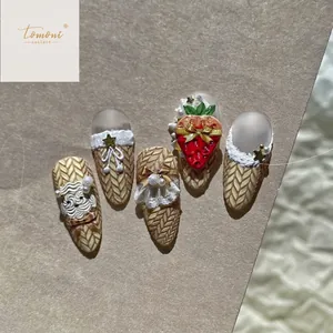 Pegatinas 3D para uñas con texturas de suéter de invierno, fresas y osos en relieve
