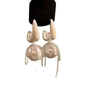 Elegant matte silver bow pearl earrings with flowing beaded tassel fringe design