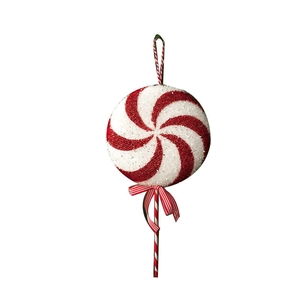 Red and white swirl lollipop Christmas tree ornament with glitter finish and a bow
