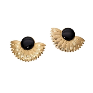 Golden fan-shaped geometric stud earrings with black gemstone inlay on white background