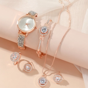 Elegant 5-piece rose gold women's watch and jewelry set with crystal quartz timepiece