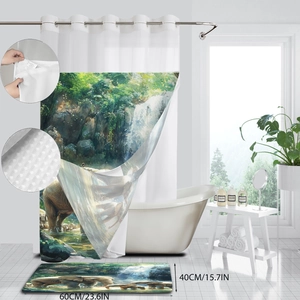 Detail of elephant print waffle shower curtain and matching non-slip 60x40cm bath mat