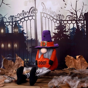 Halloween long-legged gnome plush with purple hat holding a BOO pumpkin sign