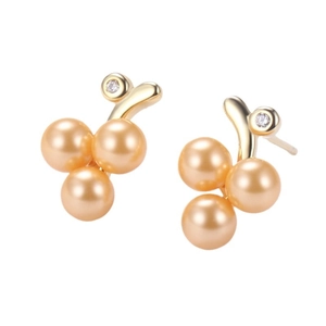 Champagne pearl grape earrings in gold finish with sparkling zircon accents on white background