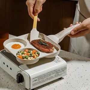 Non Stick Multi Compartment Frying Pan Aluminum Alloy Maifan Stone Coating Wood Grain Handle For Breakfast Egg Steak
