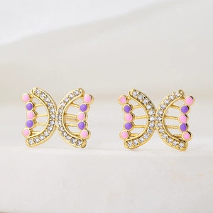 18K gold plated butterfly stud earrings with colorful enamel and zircon accents