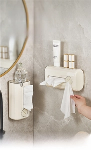 Wall-mounted cream face towel box in bathroom with transparent lid and bottom dispenser