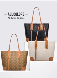 Three large tote bags in black, beige and brown with geometric chain texture details
