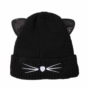 Cute Cat Ear Knit Beanie For Women Winter Warm Acrylic Ribbed Cap With Sequin Ears And Whiskers Embroidery Fashion