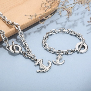Silver nautical jewelry set with anchor pendant, T-bar clasp necklace and bracelet