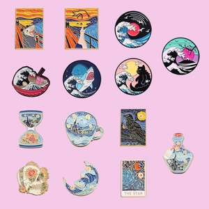 Artistic oil painting style enamel pins featuring famous masterpiece remakes on pink background