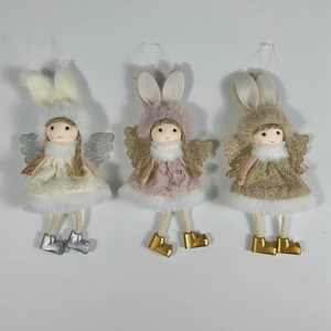 Three plush Christmas angel dolls with lace skirts and gold wings on white backdrop