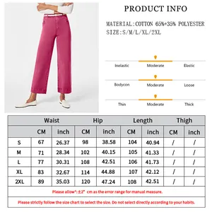 Detailed size chart with material info for wide leg straight fit denim trousers