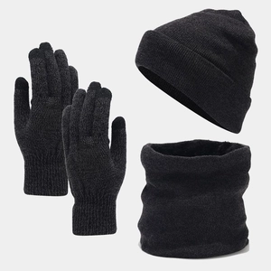 Detail shot of the knit texture on the thermal winter hat, scarf, and gloves set