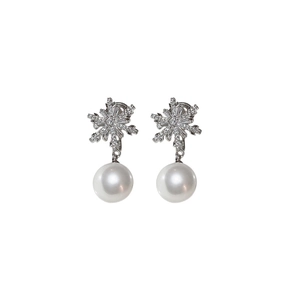 Elegant silver snowflake ear cuff with zircon crystals and round pearl drop for women