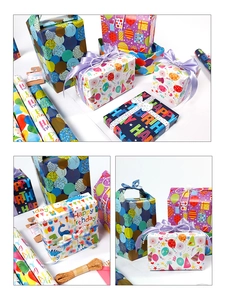 Three-frame view of cartoon birthday wrapping paper rolls and matching gift boxes with balloons