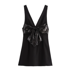 Abito Mini Sexy Scollo A V Profondo Senza Maniche Nero Paillettes Fiocco Vita Alta Festa Donne