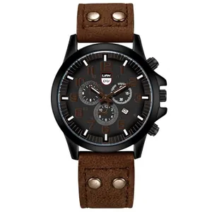 Men's Casual Quartz Watch With Calendar Functional Chronograph Style Dial Rivet PU Leather Strap Alloy Case Wristwatch