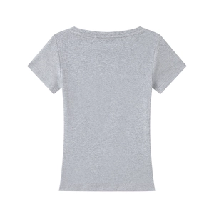 Rear view of grey slim-fit short-sleeved T-shirt showing fine knit texture and stitching