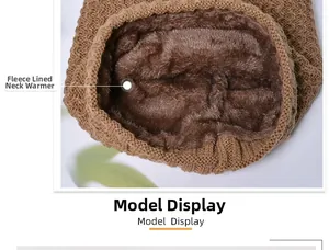 Detail of winter knit neck warmer with khaki honeycomb weave and thick brown plush lining