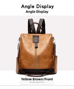 Front view of yellow-brown PU leather backpack featuring vertical metal zipper detail