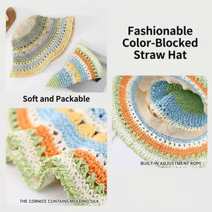 Rainbow striped hand-woven straw sun hat for women with foldable brim and adjustable strap