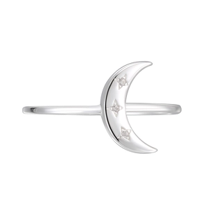Elegant S925 sterling silver crescent moon ring featuring three sparkling star-shaped stones