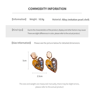 Detailed size specifications for pearl heart pendant earrings with alloy and shell material